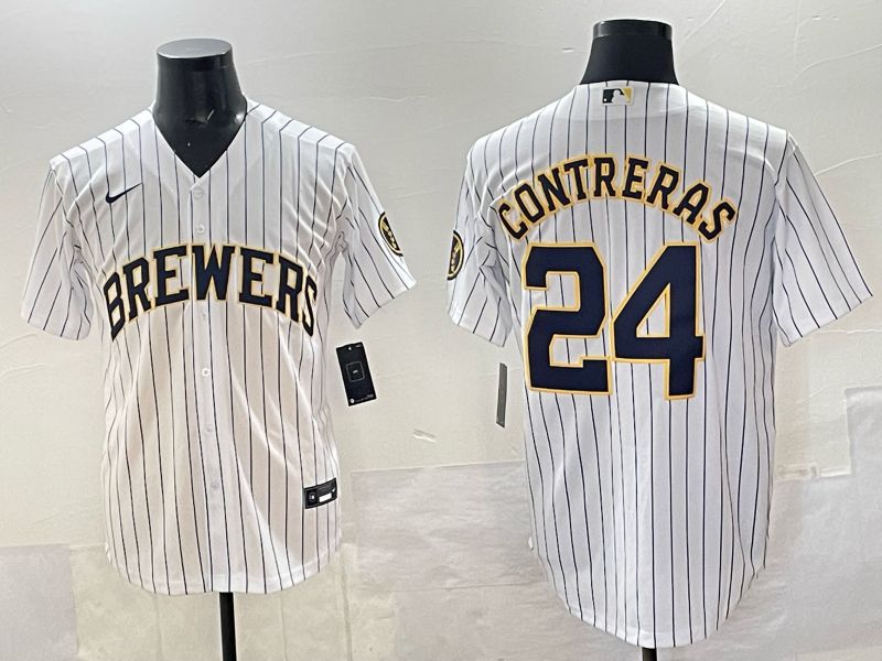Men Milwaukee Brewers #24 Contreras White Stripe Nike MLB 2025 Jersey 01->milwaukee brewers->MLB Jersey